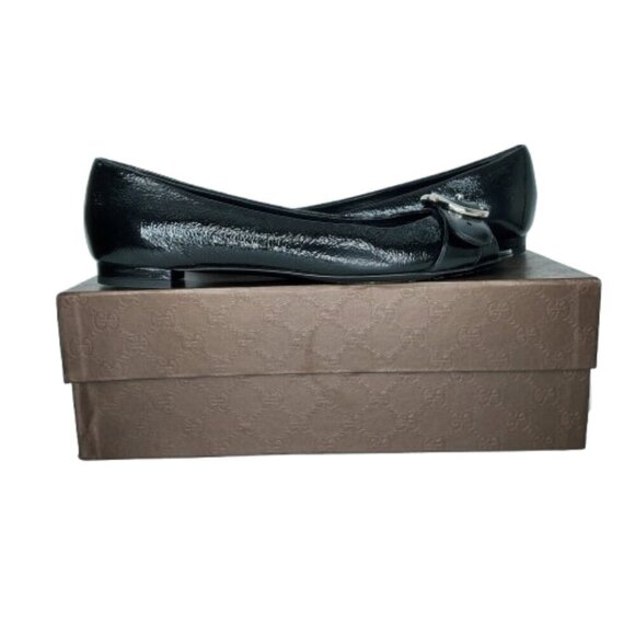 Gucci Salandia GG Logo Patent Leather Peep Toe Flats - Picture 9 of 9
